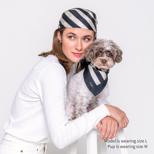 Pet accessories | Square scarf | Woman and dog bond happily wearing Dogily Serene Square Scarf in Black Stripes