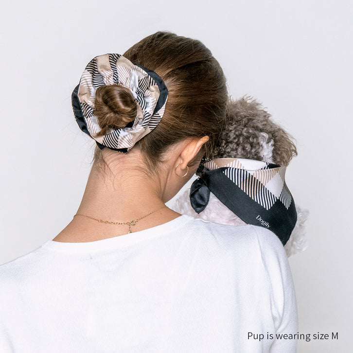 Pet accessories | Square scarf | Woman and dog bond happily wearing Dogily Collins Square Scarf and scrunchie in Black Checkered