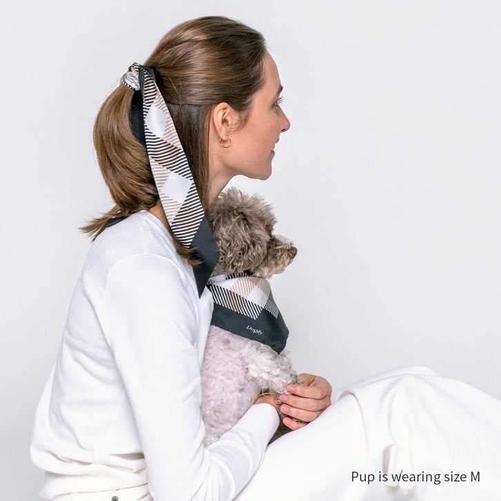 Pet accessories | Square scarf | Woman and dog bond happily wearing Dogily Collins Square Scarf and Hair Scarf in Black Checkered