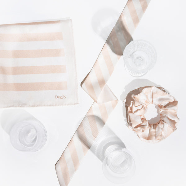 Pet accessories | Scarf Scrunchie | Dogily Serene Square Scarf in Beige Stripes, includes square scarf, scrunchie, and slim hair tie