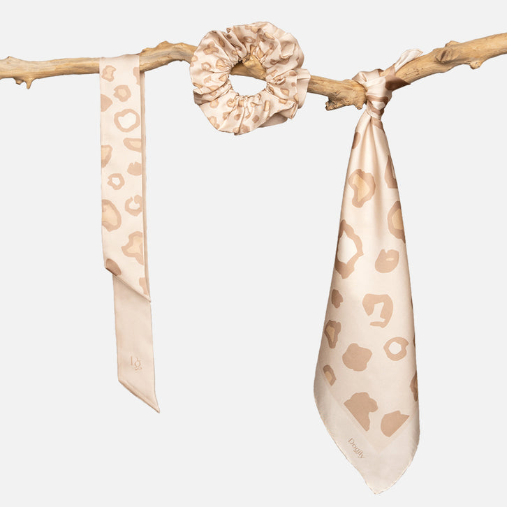 Pet accessories | Dog scarf | Bandana | Dogily Tyra Bundle Set Beige Leopard, includes a Square Scarf, Scrunchie, and Slim Hair Tie