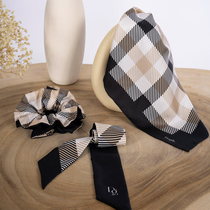 Pet accessories | Scrunchie Scarf |Dogily Collins Bundle Set Black Checkered, including square scarf, scrunchie, and slim hair scarf