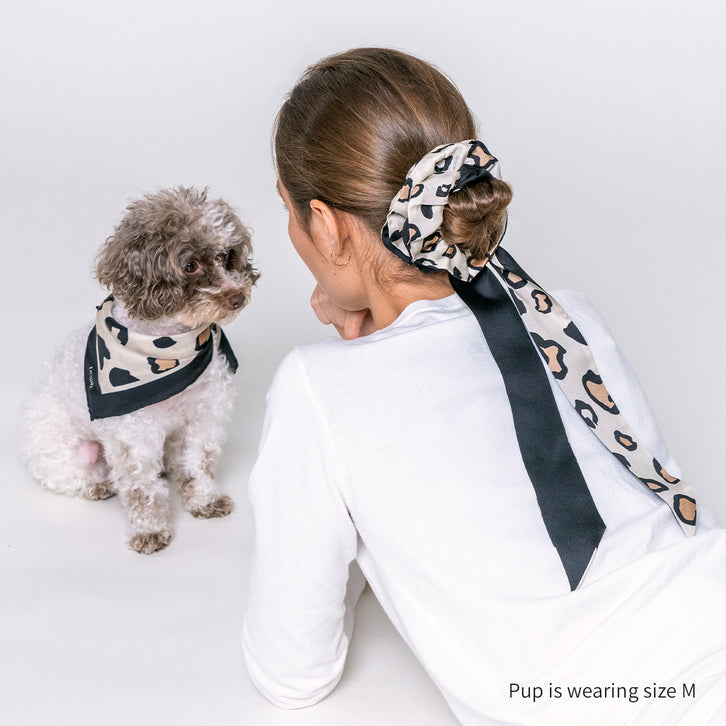 Pet accessories | Dog scarf | Bandana | Woman and dog enjoy their bond styling with Dogily Tyra Square Scarf in Black Leopard
