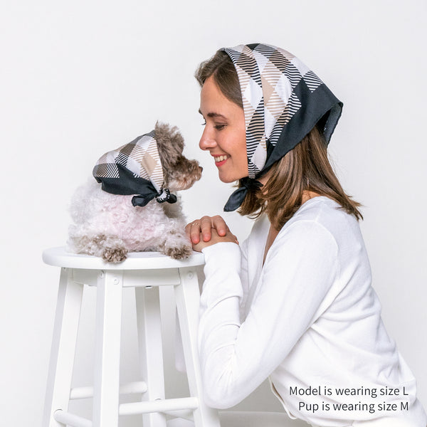 Pet accessories | Square scarf | Woman and dog bond happily wearing Dogily Collins Square Scarf in Black Checkered